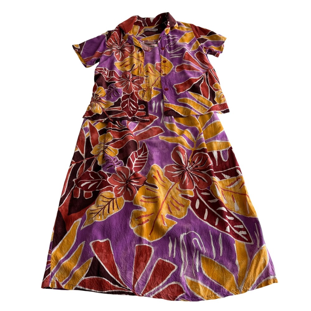 Jams World Hawaii "Beachwalk" Tropical Print 2 Pc Midi Tank Dress Camp Shirt XS